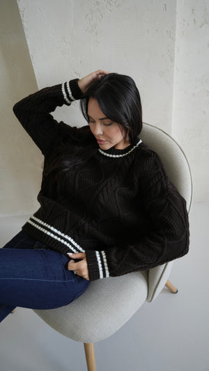 Beatrice Contrast-Trim Cable Sweater – Black