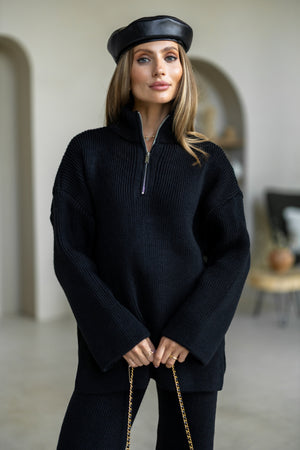 Agathe Half-Zip Knit Set – Black