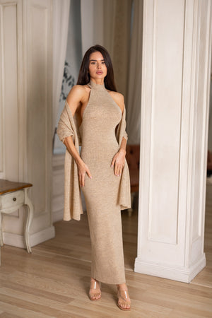 Salomé Halter Maxi & Cardigan Set – Beige