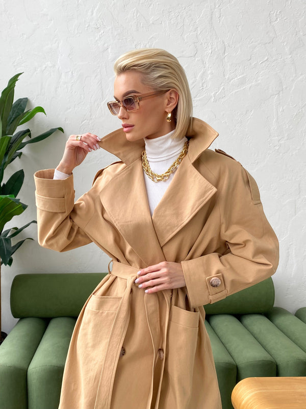 Dorothée Belted Faux-Leather Trench – Camel