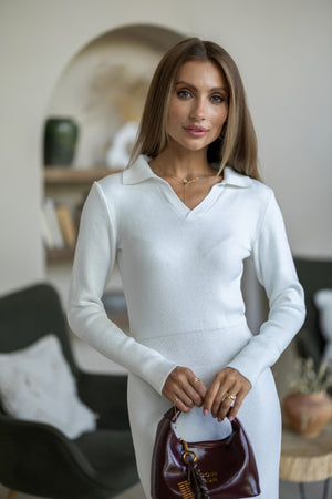 Sylvie Collared Knit Midi Dress – Milk White