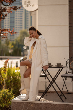 Dorothée Belted Faux-Leather Trench – White