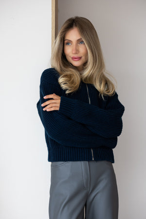 Romy Zip-Front Knit Jacket – Navy