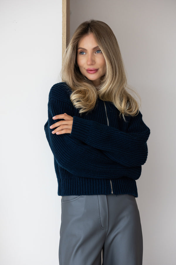 Romy Zip-Front Knit Jacket – Navy