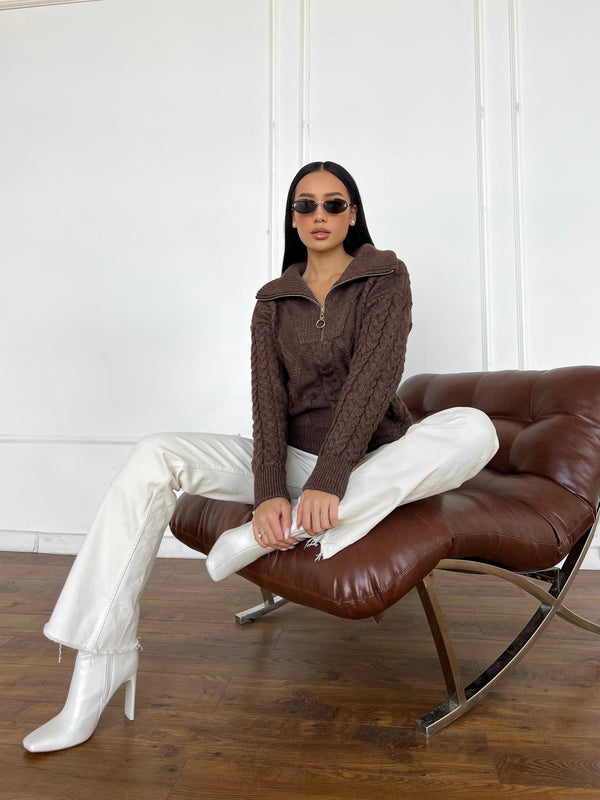 Vera Cable Half-Zip Sweater – Brown