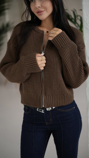 Romy Zip-Front Knit Jacket – Brown
