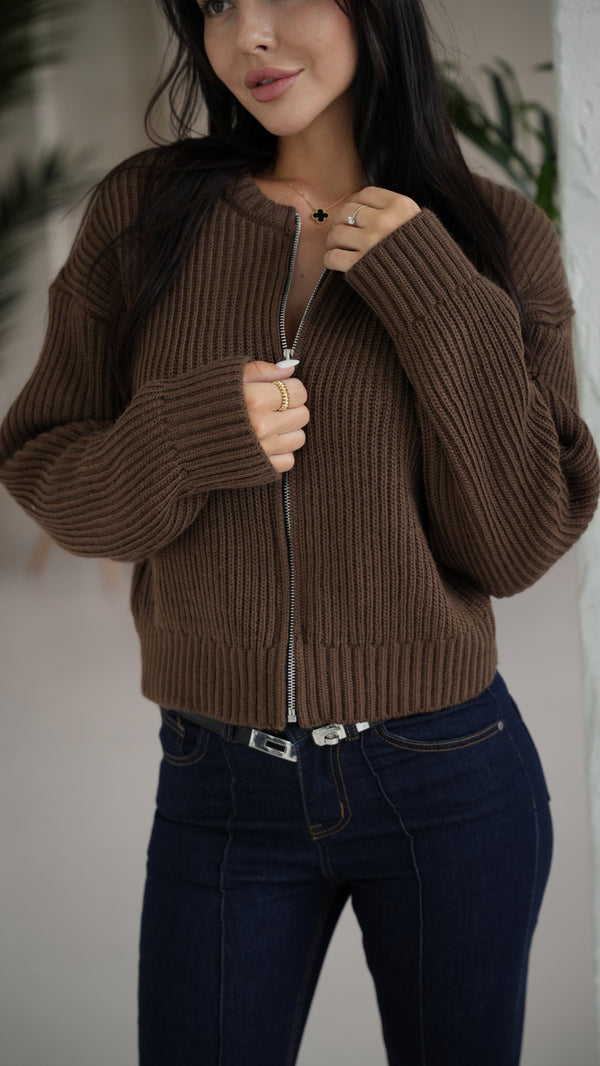 Romy Zip-Front Knit Jacket – Brown