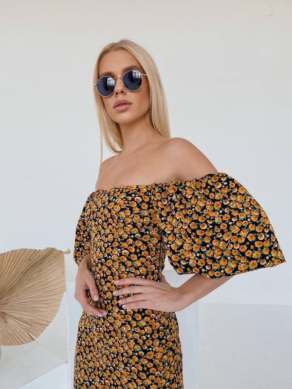 Sylvette Off-Shoulder Satin Mini Dress – Orange Floral