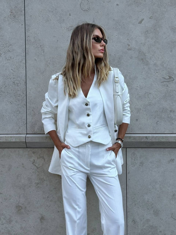 Ghislaine Pinstripe Suit Set – White