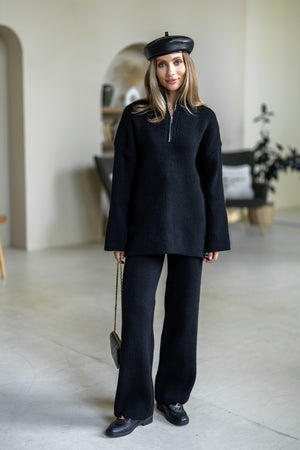 Agathe Half-Zip Knit Set – Black