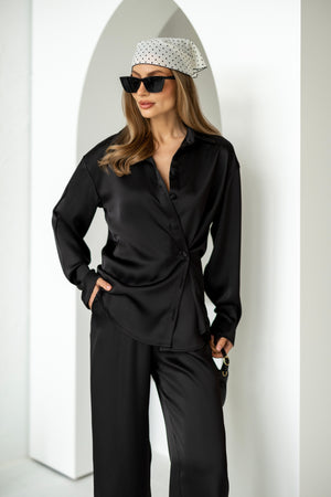 Armelle Satin Shirt & Trouser Set – Black
