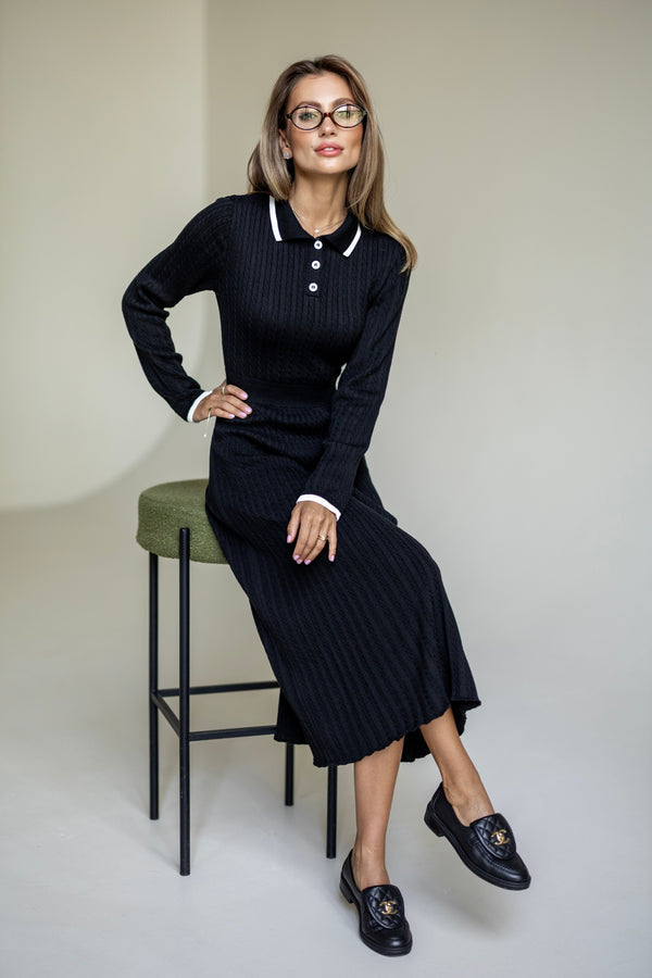 Constance Contrast-Collar Knit Midi Dress – Black