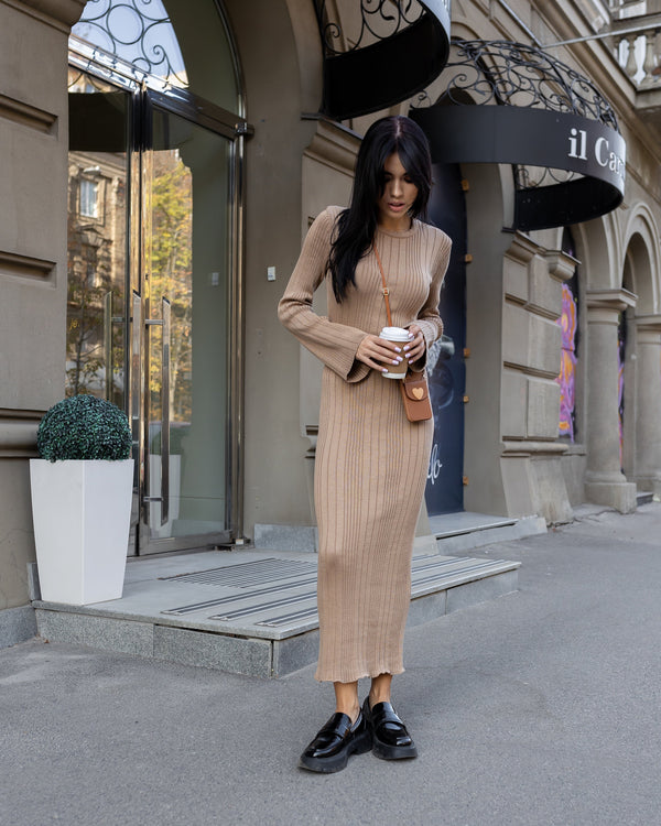 Rosalie Ribbed Midi Dress – Camel