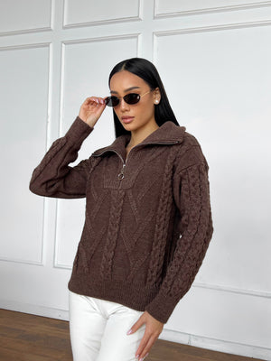 Vera Cable Half-Zip Sweater – Brown