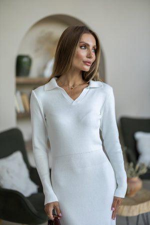 Sylvie Collared Knit Midi Dress – Milk White