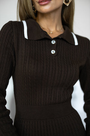 Constance Contrast-Collar Knit Midi Dress – Brown