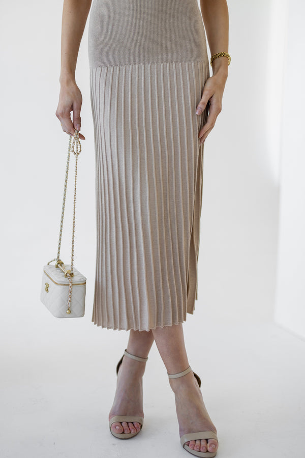 Emeline Strapless Pleated Dress – Beige