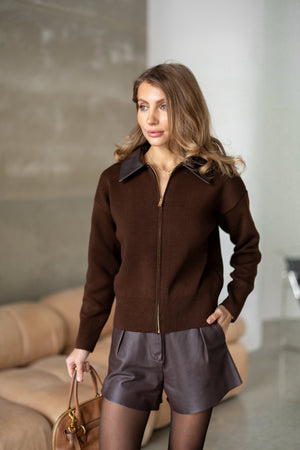 Perrine Collared Cable Sweater – Brown