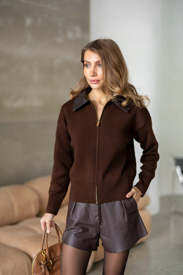 Perrine Collared Cable Sweater – Brown