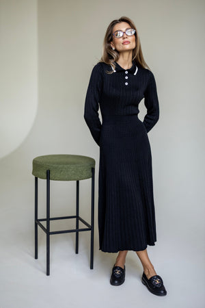 Constance Contrast-Collar Knit Midi Dress – Black