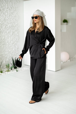 Armelle Satin Shirt & Trouser Set – Black