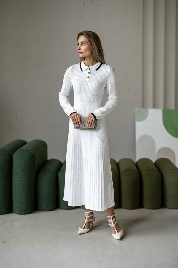 Constance Contrast-Collar Knit Midi Dress – White