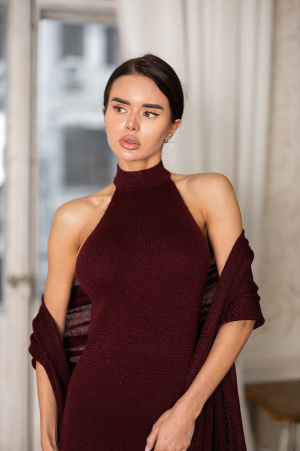 Salomé Halter Maxi & Cardigan Set – Burgundy