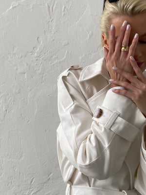 Dorothée Belted Faux-Leather Trench – White