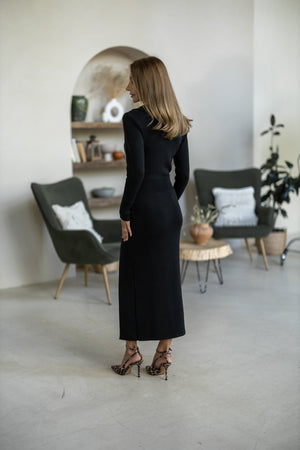 Sylvie Collared Knit Midi Dress – Black
