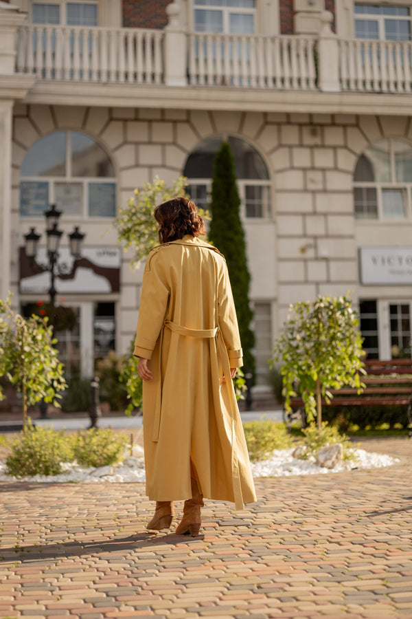 Dorothée Belted Faux-Leather Trench – Mustard
