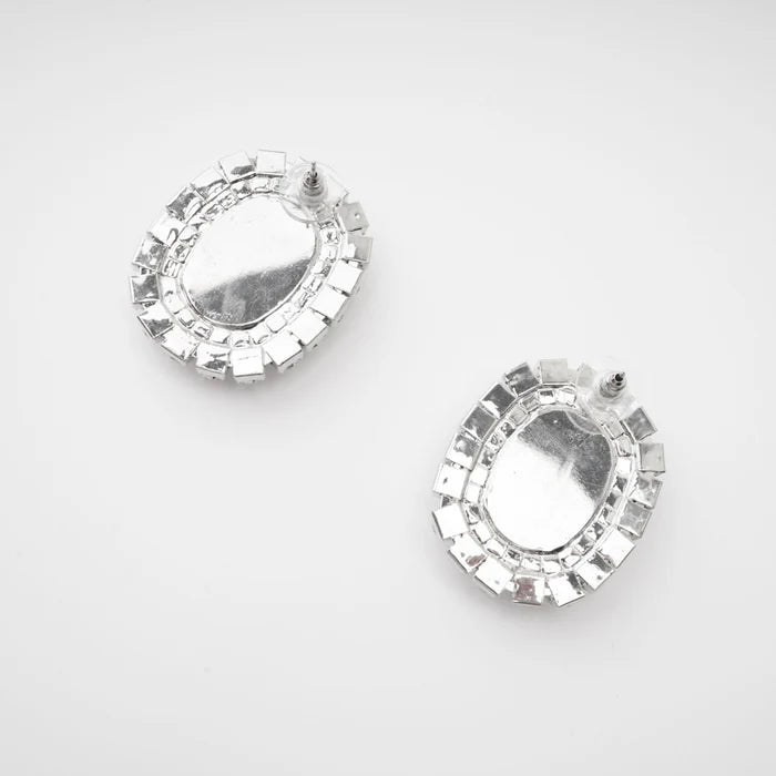 Silver Crystal-Embellished Oval Stud Earrings