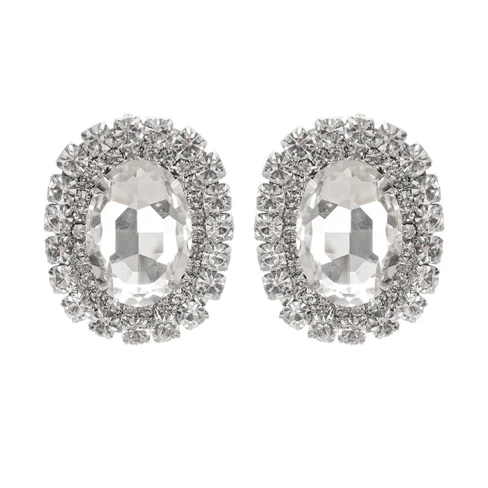 Silver Crystal-Embellished Oval Stud Earrings