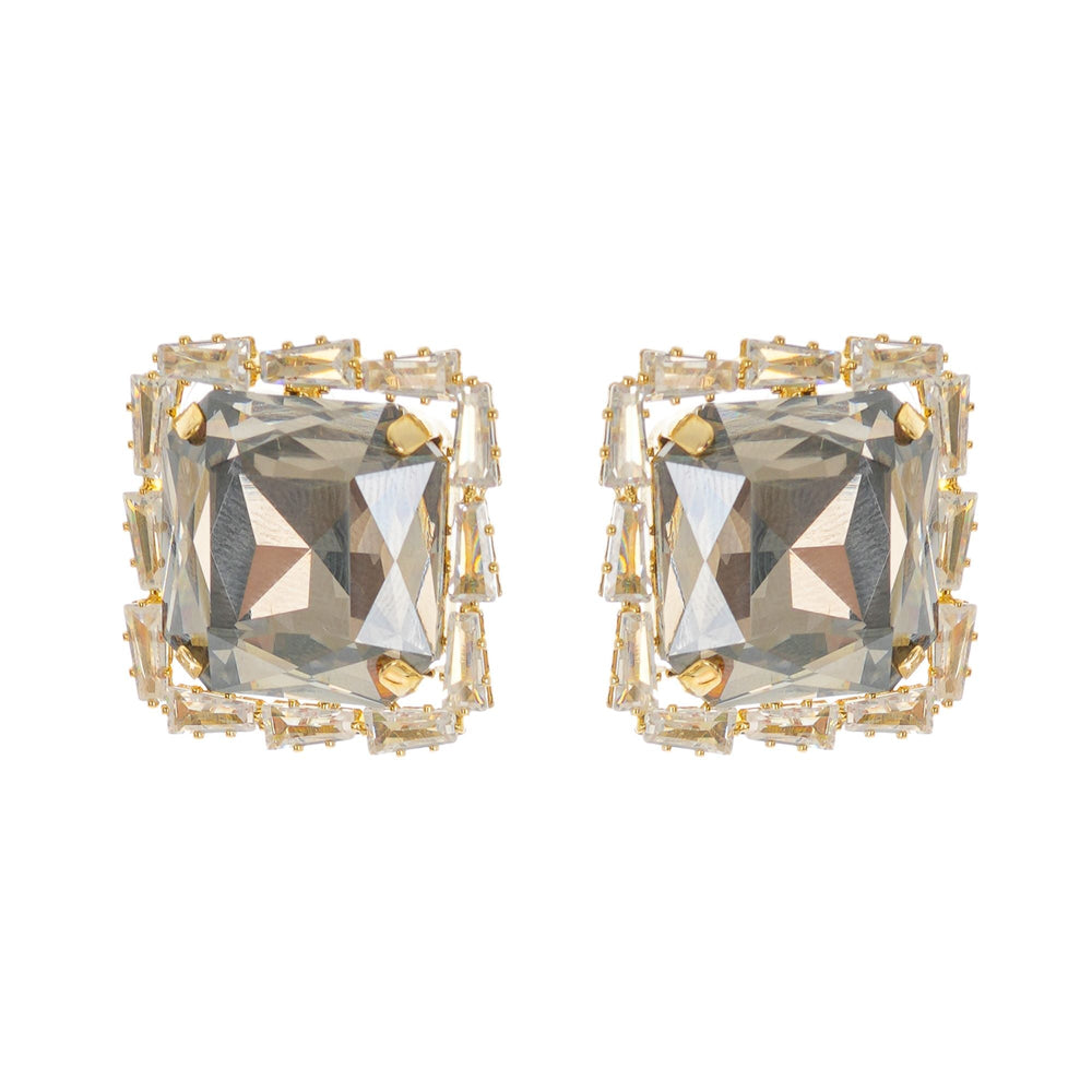 Square-Cut Crystal Statement Gold Earrings