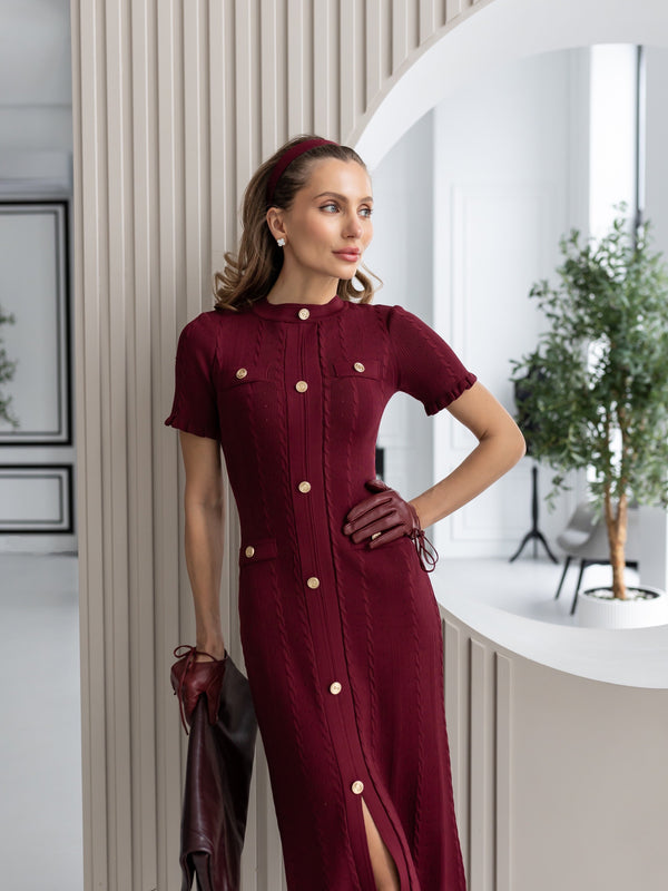 Margot Ribbed Midi Dress – Burgundy