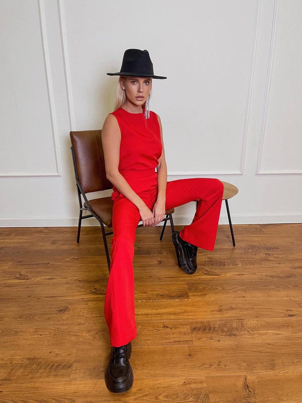 Hortense Sleeveless Top & Flare Trouser Set – Red