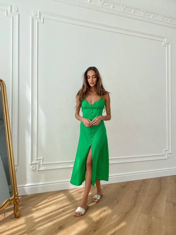 Nolwenn Buttoned Satin Slip Dress – Green