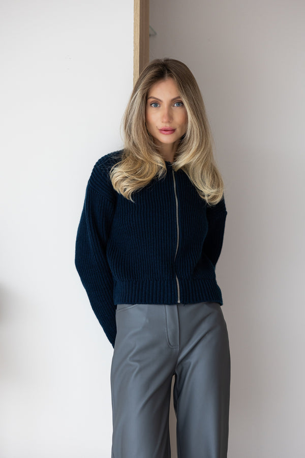 Romy Zip-Front Knit Jacket – Navy