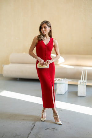 Léonie Buttoned Knit Midi Dress – Red