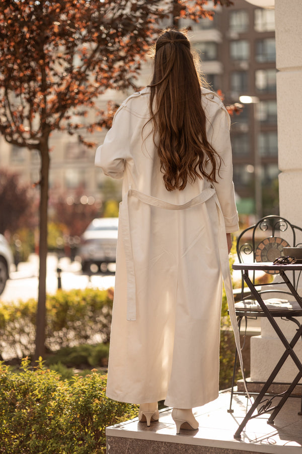 Dorothée Belted Faux-Leather Trench – Beige
