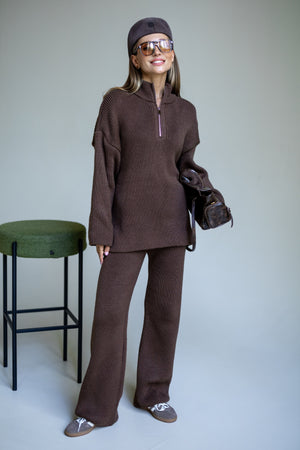 Agathe Half-Zip Knit Set – Brown