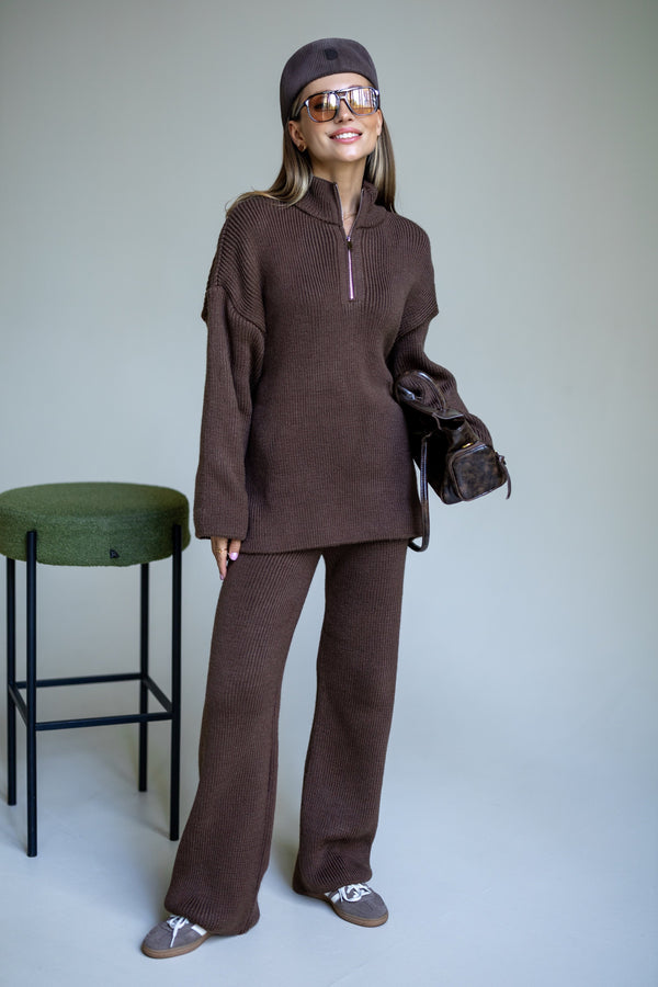 Agathe Half-Zip Knit Set – Brown