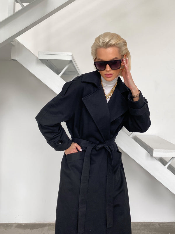 Dorothée Belted Faux-Leather Trench – Navy