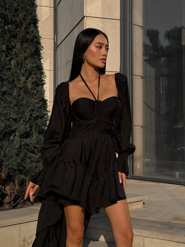 Éliette High-Low Ruffled Dress – Black