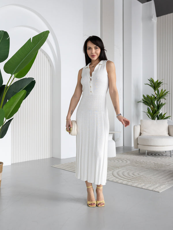 Victorine Pleated Polo Knit Dress – Milk White