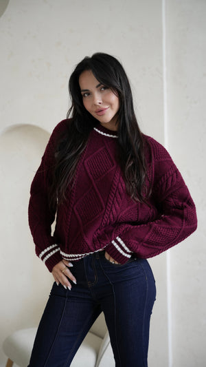 Beatrice Contrast-Trim Cable Sweater – Burgundy