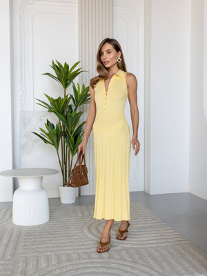 Victorine Pleated Polo Knit Dress – Yellow