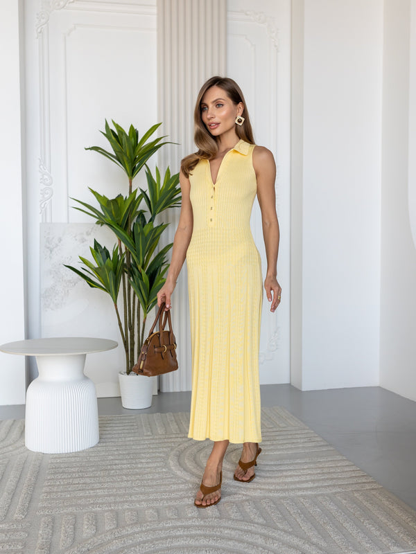 Victorine Pleated Polo Knit Dress – Yellow