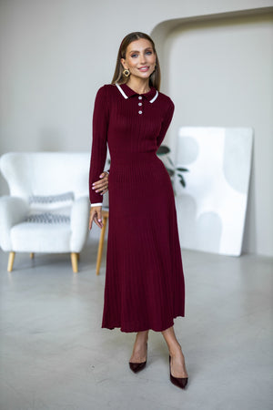 Constance Contrast-Collar Knit Midi Dress – Burgundy