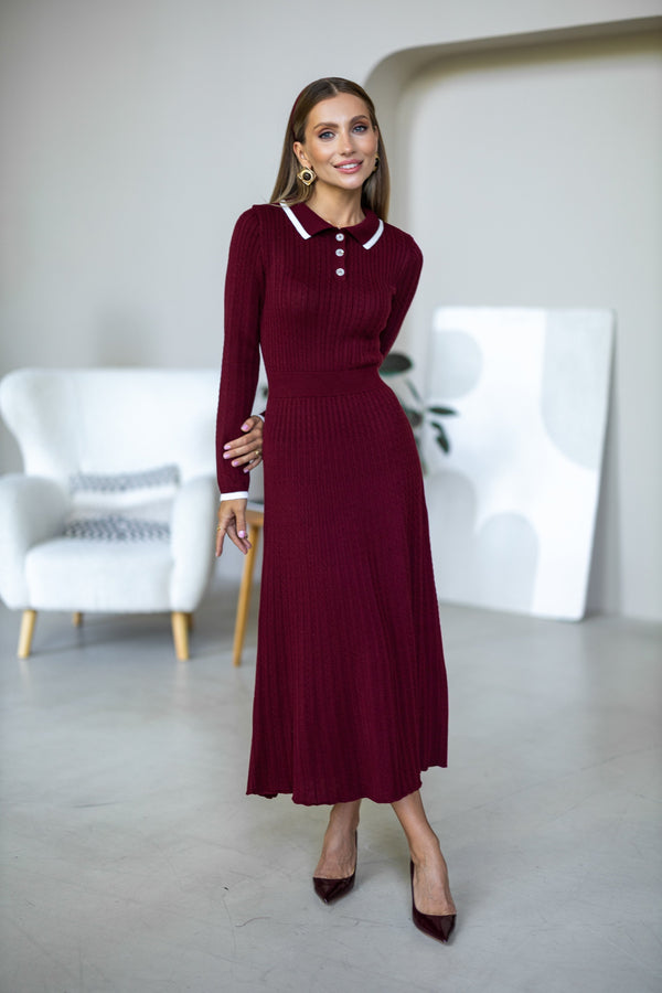 Constance Contrast-Collar Knit Midi Dress – Burgundy