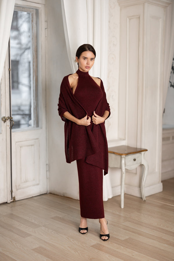 Salomé Halter Maxi & Cardigan Set – Burgundy